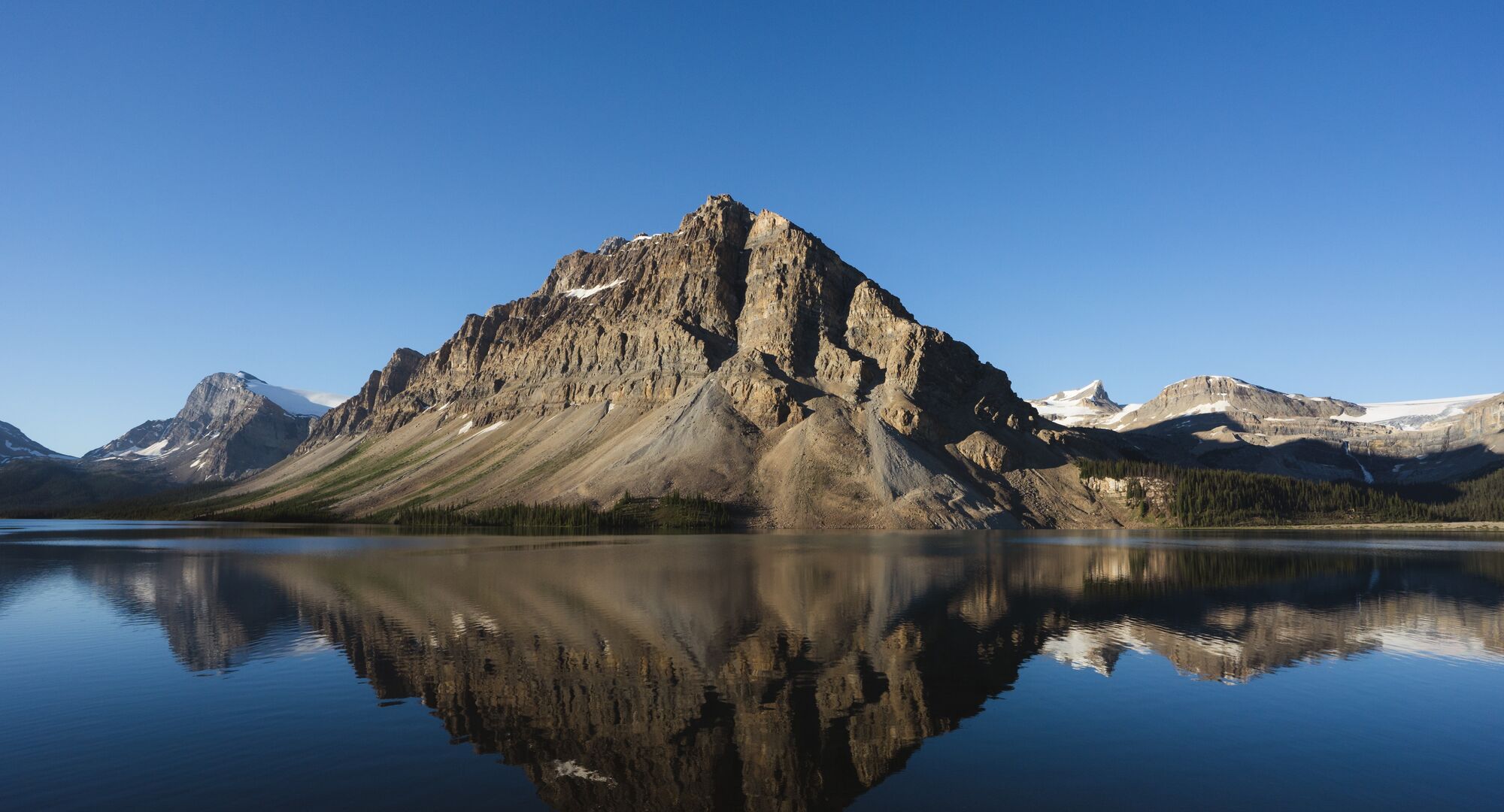 Bow Lake with a beautiful mountain in the background in Banff National Park.